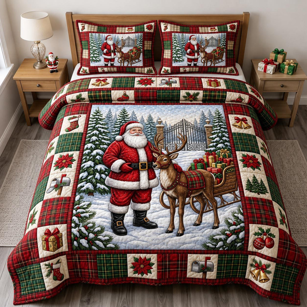 Santa Claus quilted 3-piece bedding set on a made bed in a winter-styled bedroom