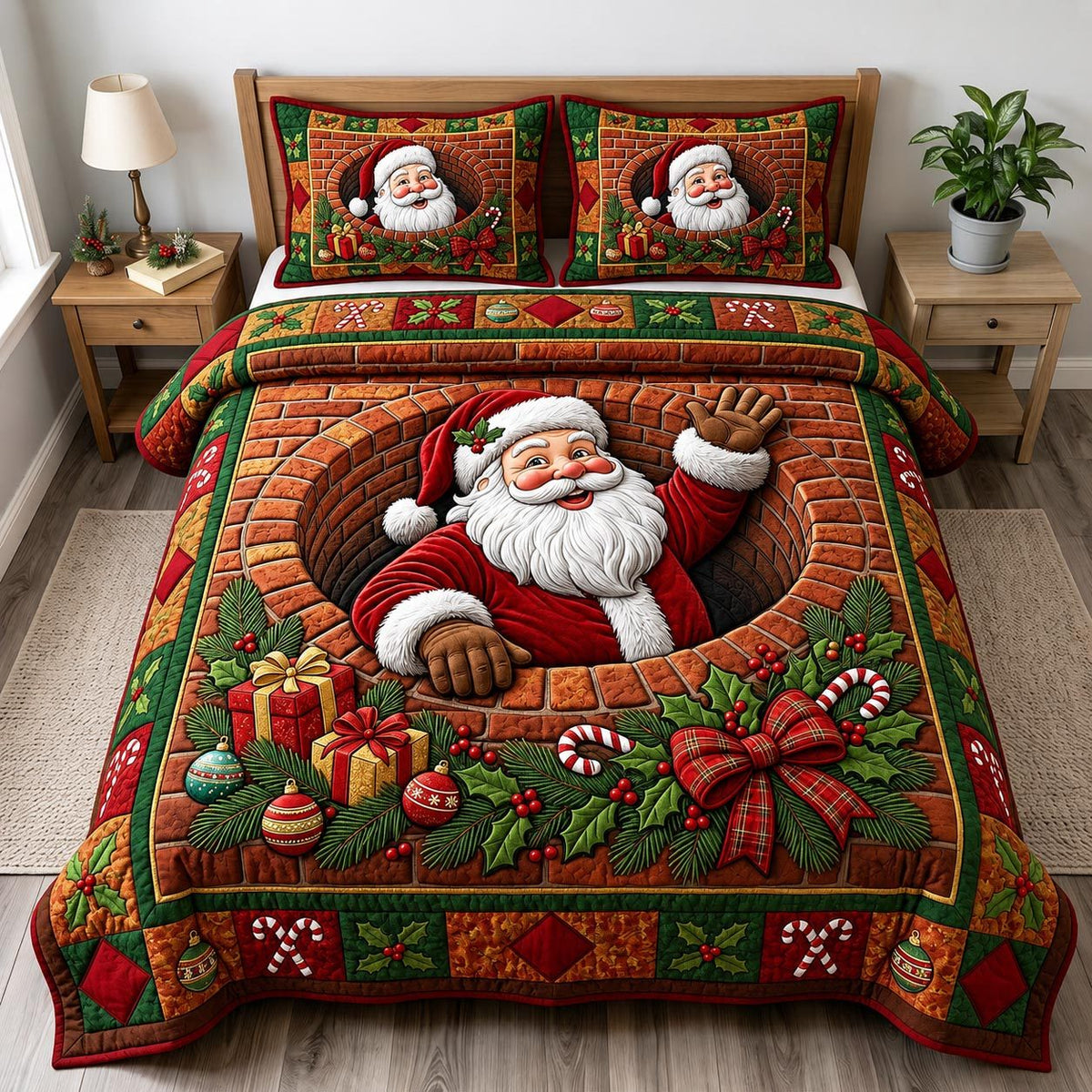 Santa Claus quilted 3-piece bedding set on a made bed in a winter-styled bedroom