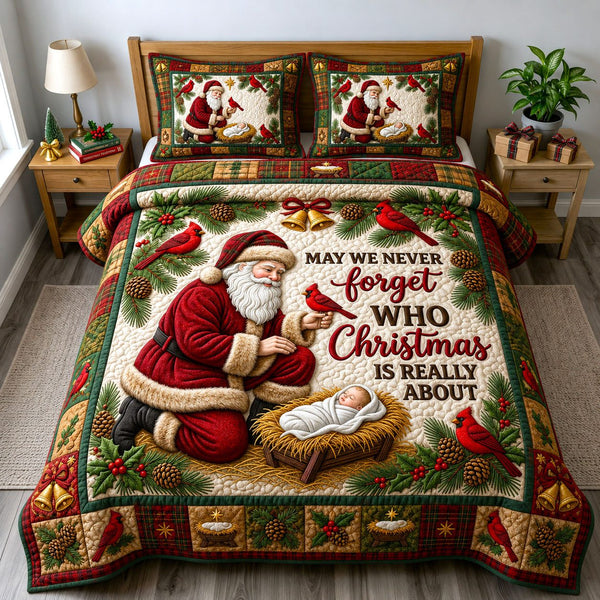 Santa Claus quilted 3-piece bedding set on a made bed in a winter-styled bedroom