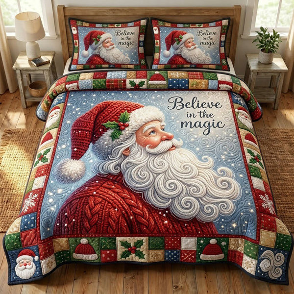 Santa Claus quilted 3-piece bedding set on a made bed in a winter-styled bedroom