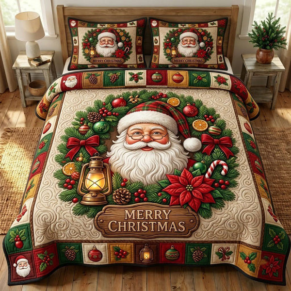 Santa Claus quilted 3-piece bedding set on a made bed in a winter-styled bedroom