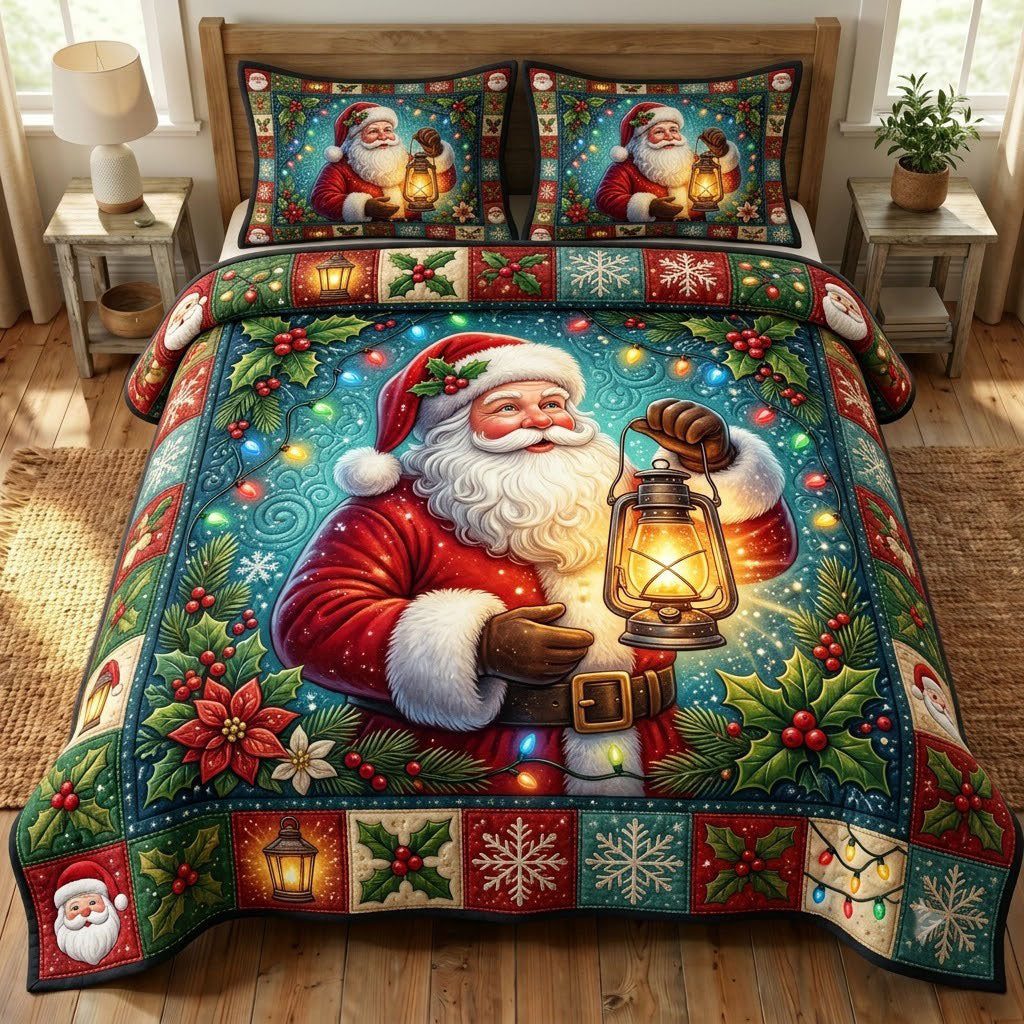 Santa Claus quilted 3-piece bedding set on a made bed in a winter-styled bedroom
