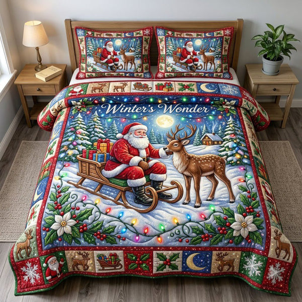 Santa Claus quilted 3-piece bedding set on a made bed in a winter-styled bedroom