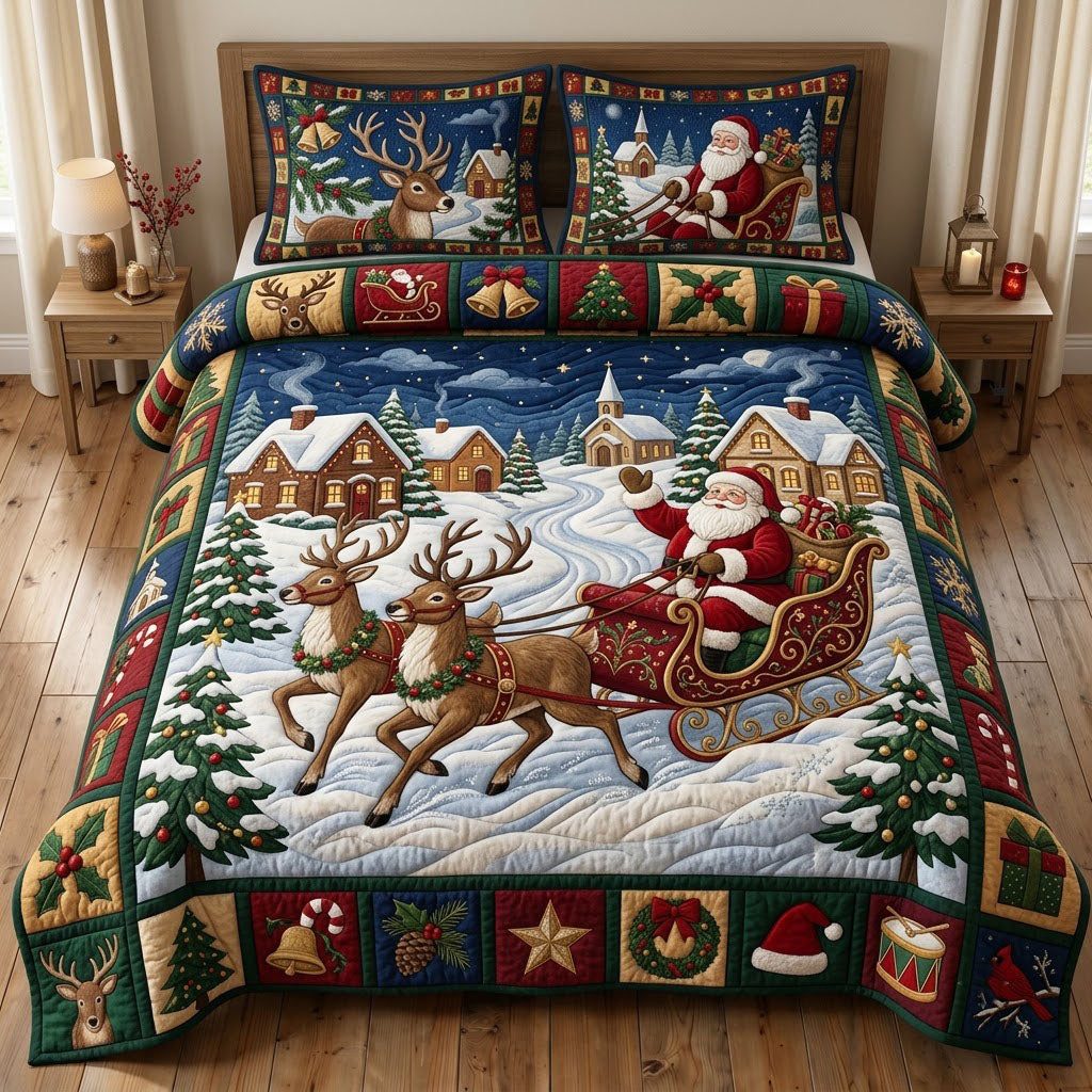 Santa Claus quilted 3-piece bedding set on a made bed in a winter-styled bedroom