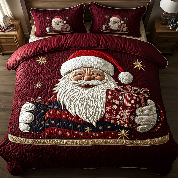 Santa Claus quilted 3-piece bedding set on a made bed in a winter-styled bedroom