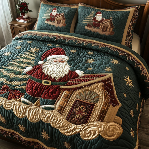 Santa Claus quilted 3-piece bedding set on a made bed in a winter-styled bedroom