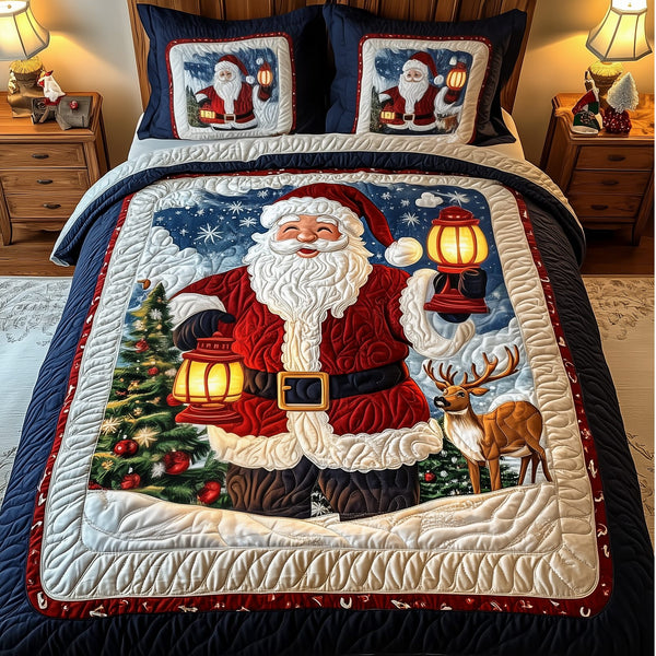 Santa Claus quilted 3-piece bedding set on a made bed in a winter-styled bedroom