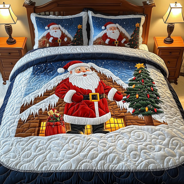 Santa Claus quilted 3-piece bedding set on a made bed in a winter-styled bedroom