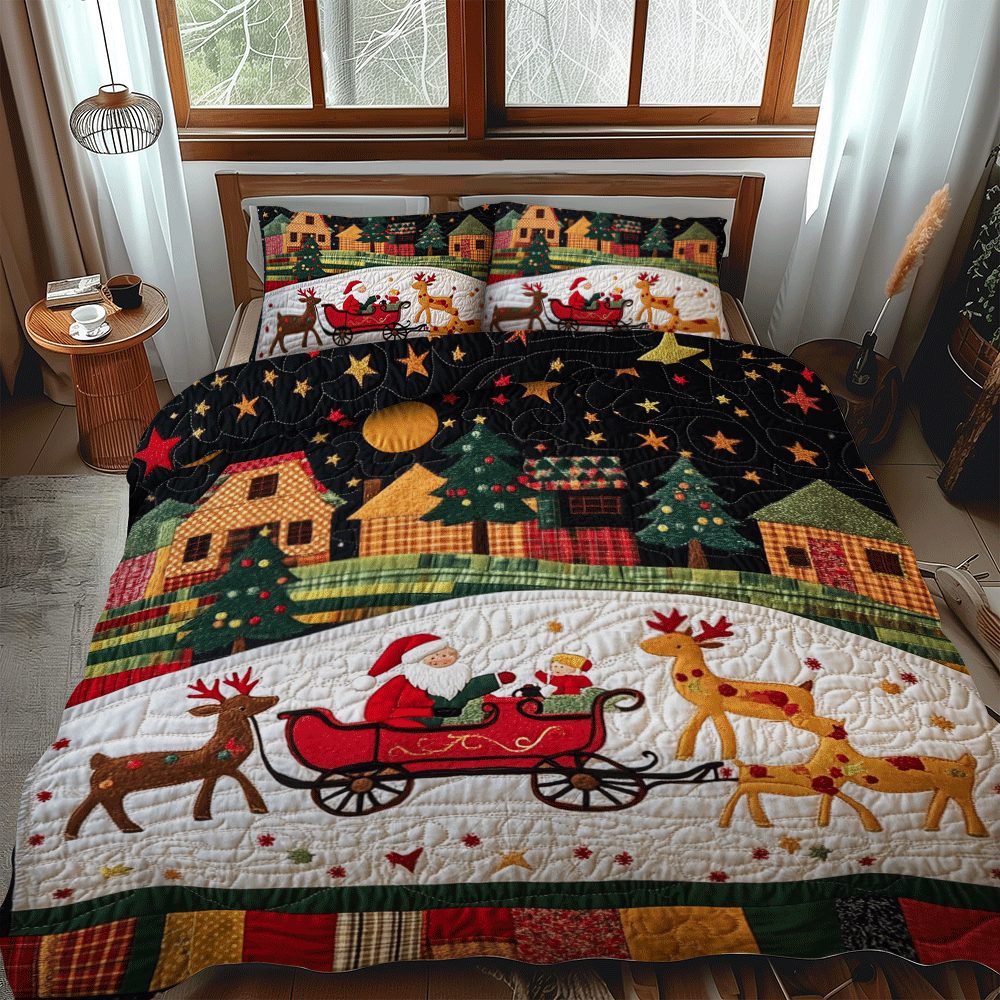 Santa Claus Riding quilted 3-piece bedding set on a made bed in a winter-styled bedroom