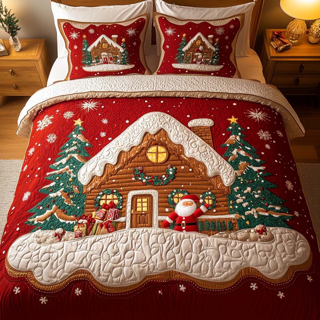 Santa Cozy Cottage quilted 3-piece bedding set on a made bed in a winter-styled bedroom