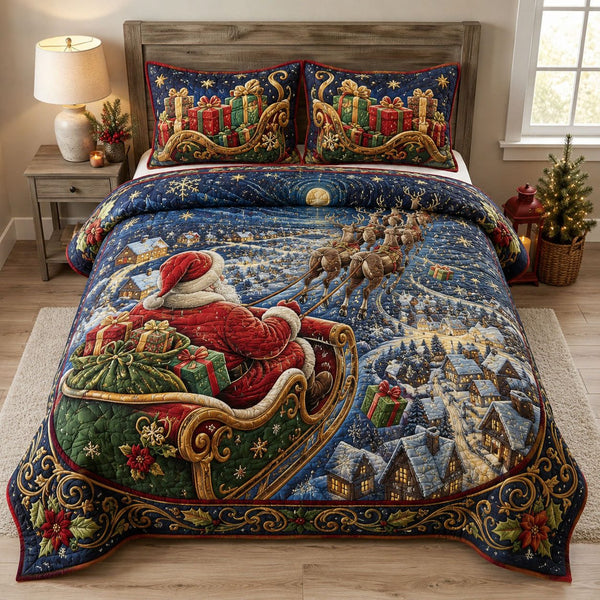Santa Cozy Night quilted 3-piece bedding set on a made bed in a winter-styled bedroom