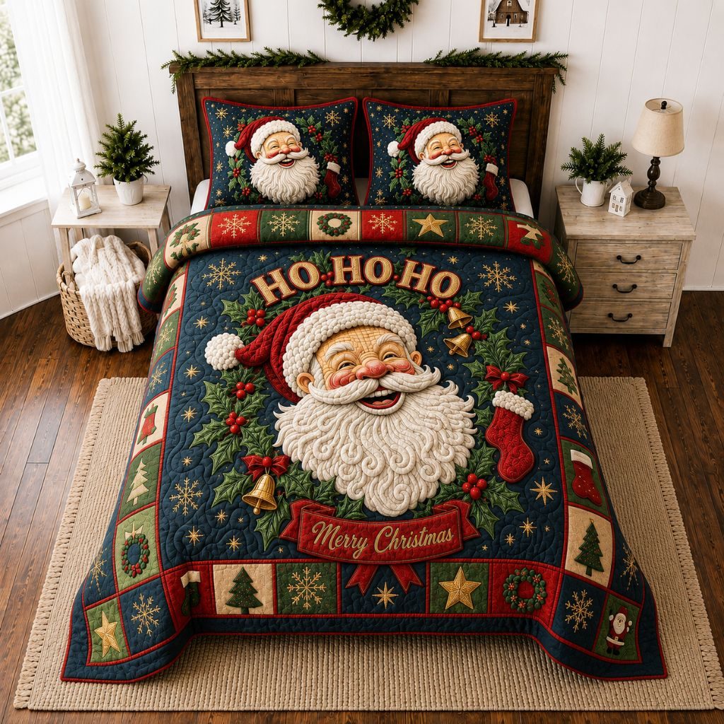 Santa Cozy Nights quilted 3-piece bedding set on a made bed in a winter-styled bedroom