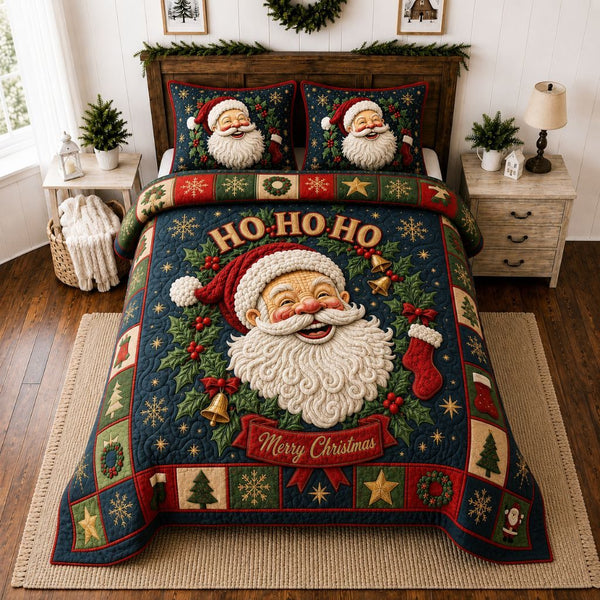 Santa Cozy Nights quilted 3-piece bedding set on a made bed in a winter-styled bedroom