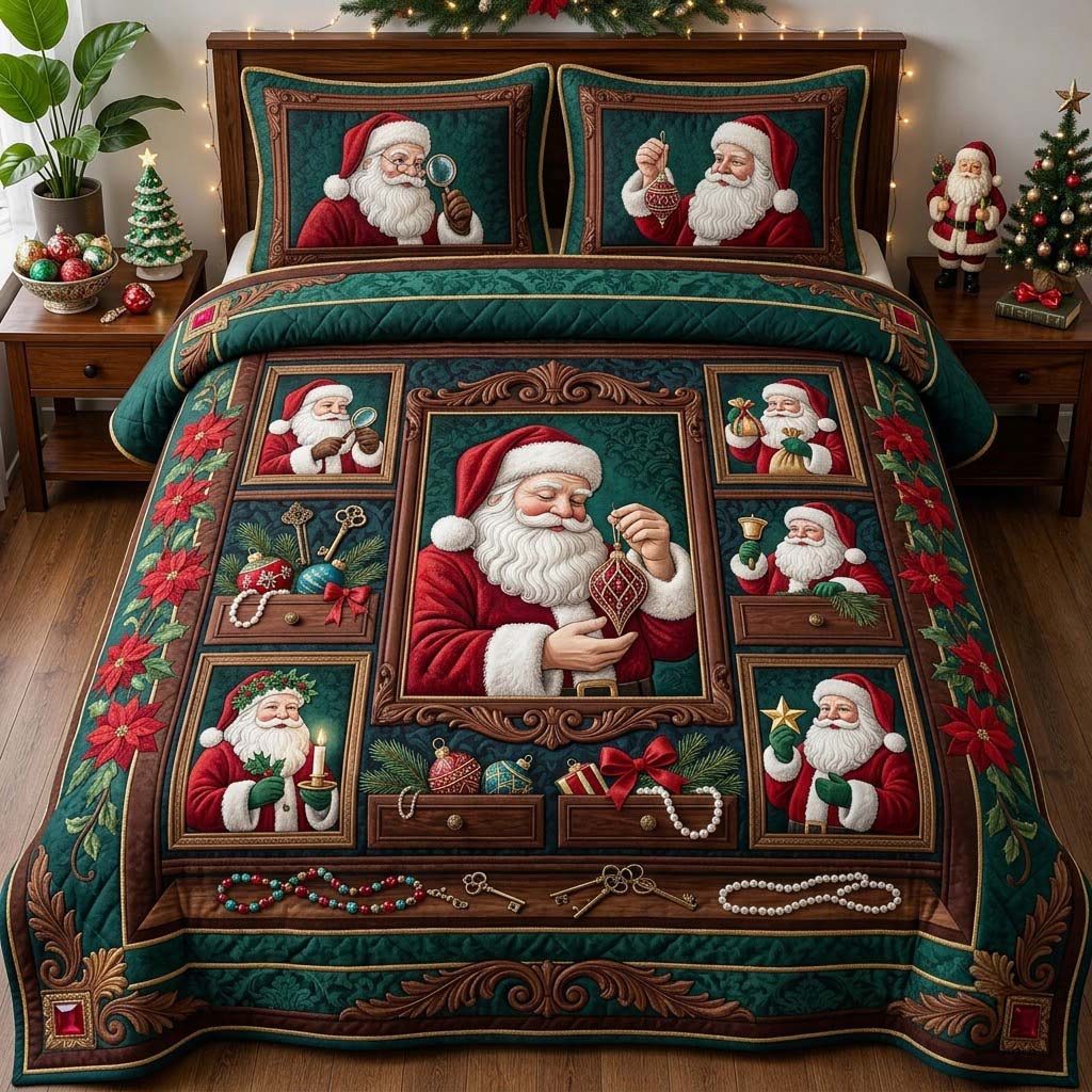 Santa Curio Collection quilted 3-piece bedding set on a made bed in a winter-styled bedroom
