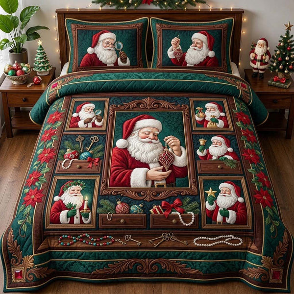 Santa Curio Collection quilted 3-piece bedding set on a made bed in a winter-styled bedroom