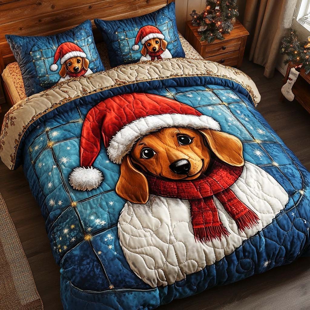 Santa Dachshund quilted 3-piece bedding set on a made bed in a winter-styled bedroom