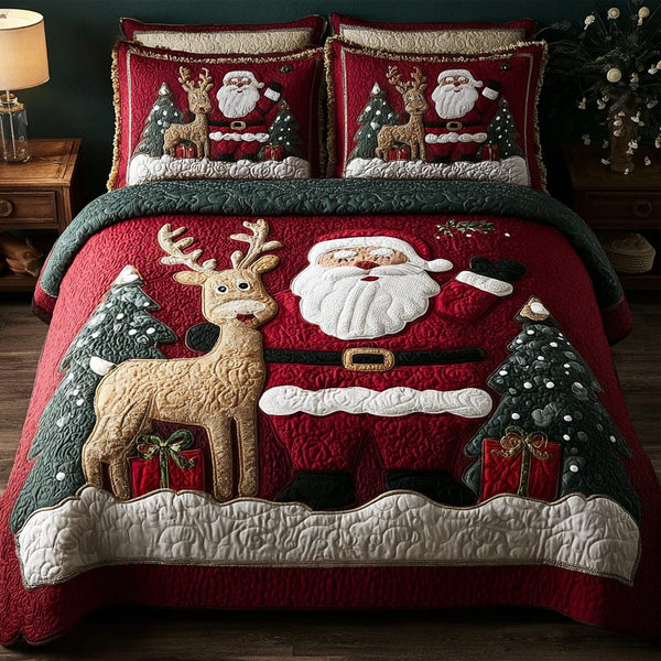 Santa Delight quilted 3-piece bedding set on a made bed in a winter-styled bedroom