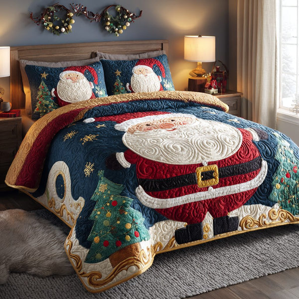 Santa Delight quilted 3-piece bedding set on a made bed in a winter-styled bedroom