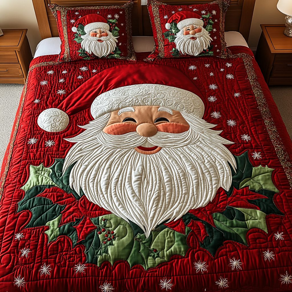 Santa Delight quilted 3-piece bedding set on a made bed in a winter-styled bedroom