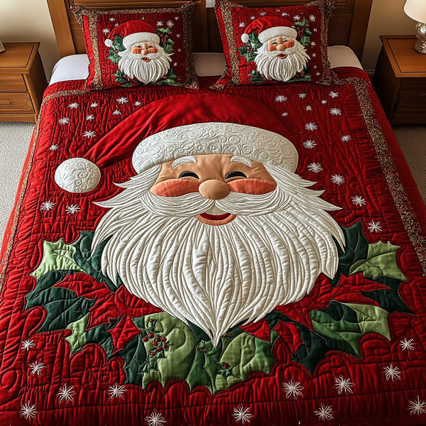 Santa Delight quilted 3-piece bedding set on a made bed in a winter-styled bedroom