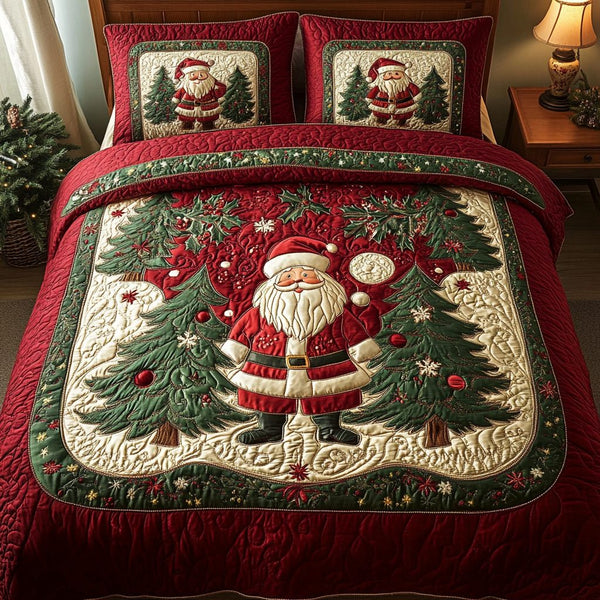 Santa Dreams quilted 3-piece bedding set on a made bed in a winter-styled bedroom