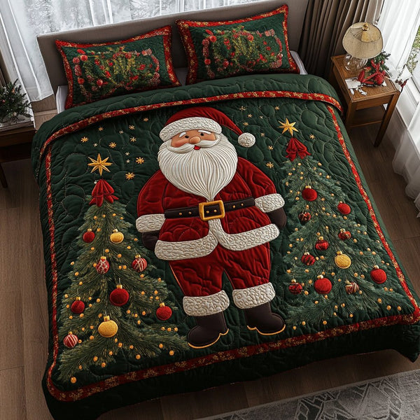 Santa Dreams quilted 3-piece bedding set on a made bed in a winter-styled bedroom