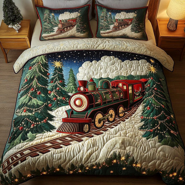 Santa Express quilted 3-piece bedding set on a made bed in a winter-styled bedroom