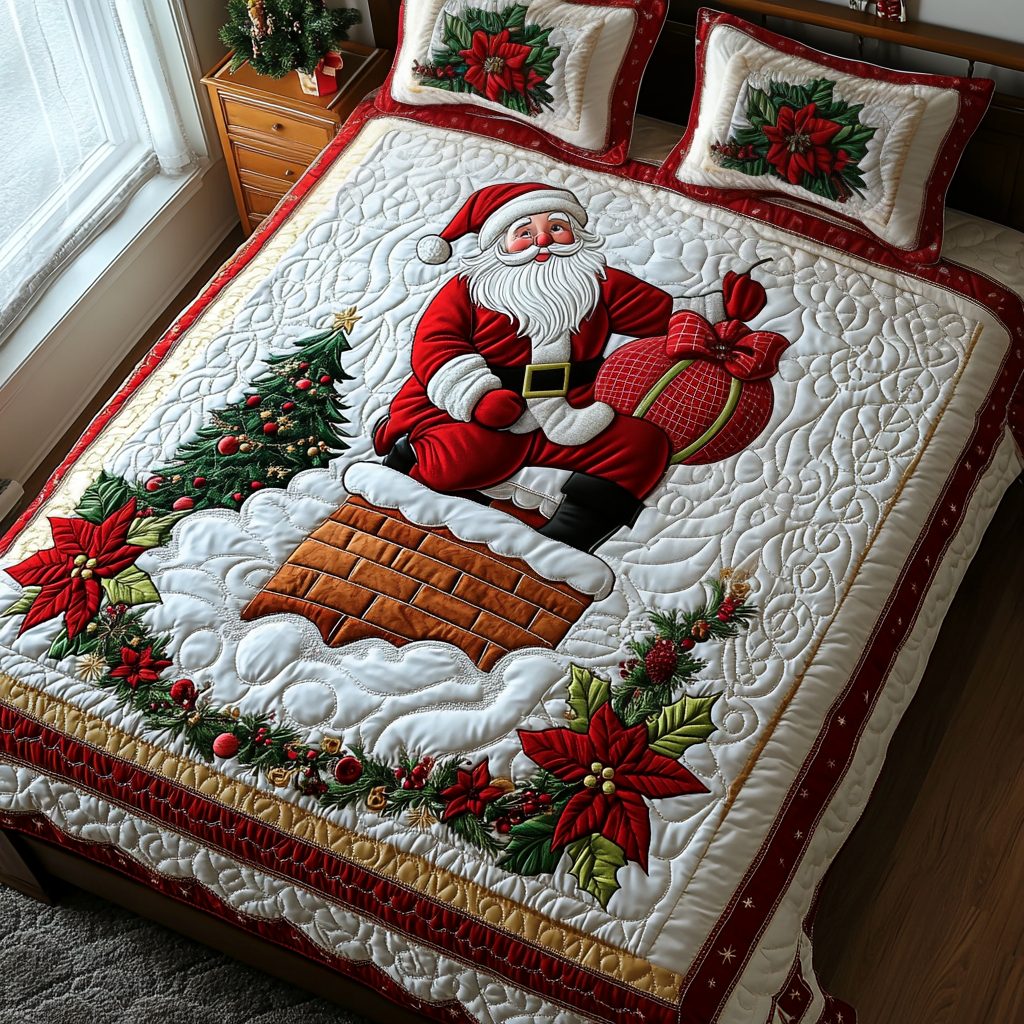Santa Gift Bag quilted 3-piece bedding set on a made bed in a winter-styled bedroom