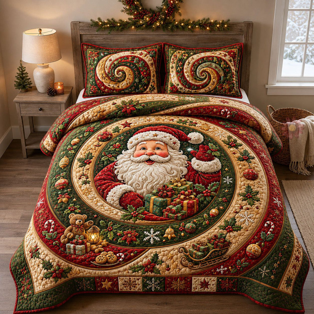 Santa Gift Circle quilted 3-piece bedding set on a made bed in a winter-styled bedroom