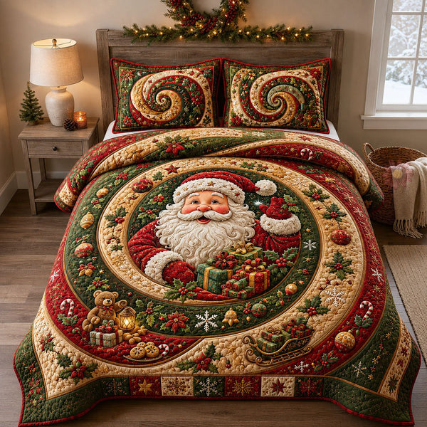 Santa Gift Circle quilted 3-piece bedding set on a made bed in a winter-styled bedroom