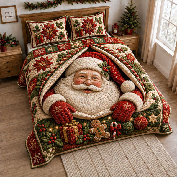 Santa Gift Cloud Haven quilted 3-piece bedding set on a made bed in a winter-styled bedroom