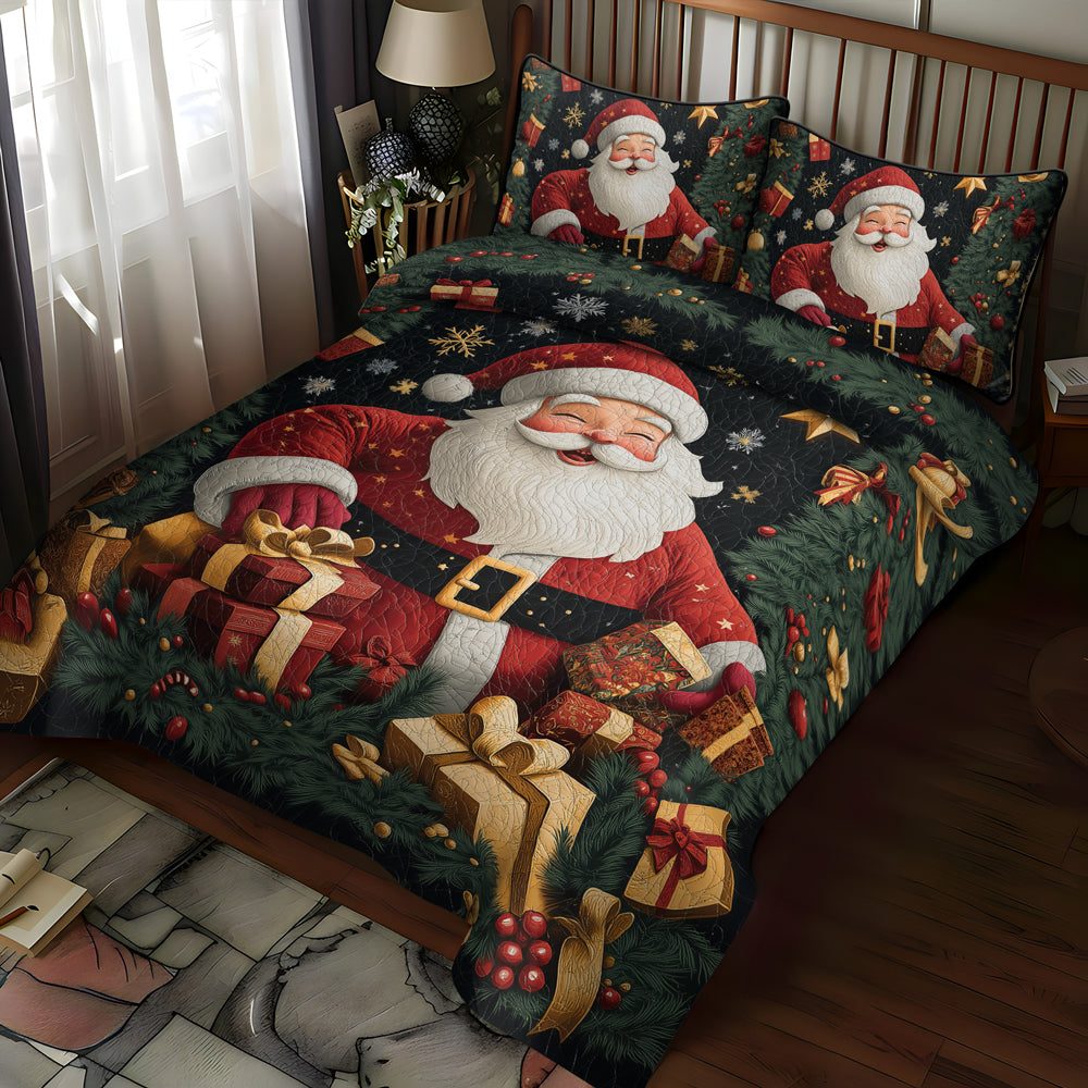 Santa Gift Galore quilted 3-piece bedding set on a made bed in a winter-styled bedroom