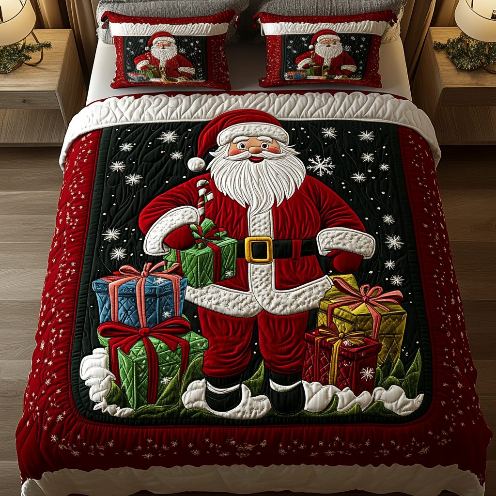 Santa Gift quilted 3-piece bedding set on a made bed in a winter-styled bedroom