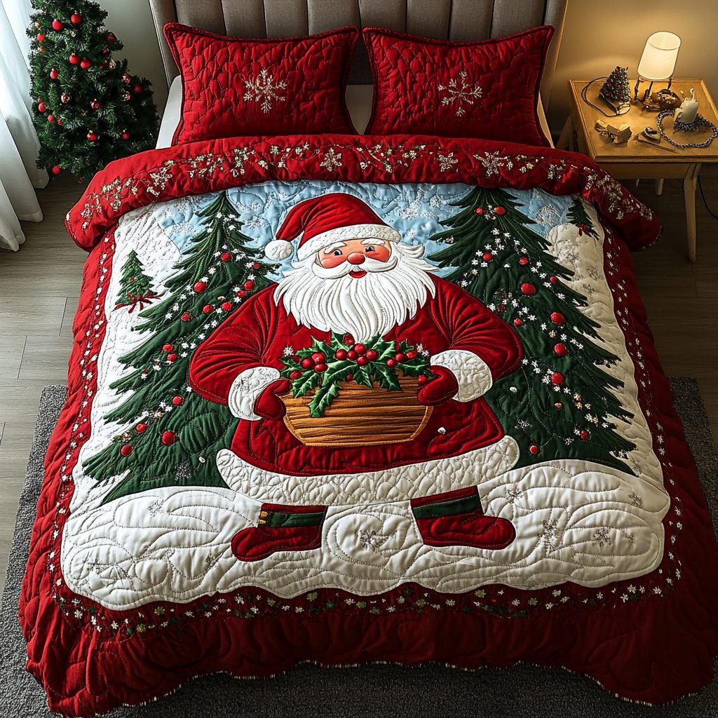 Santa Glow quilted 3-piece bedding set on a made bed in a winter-styled bedroom