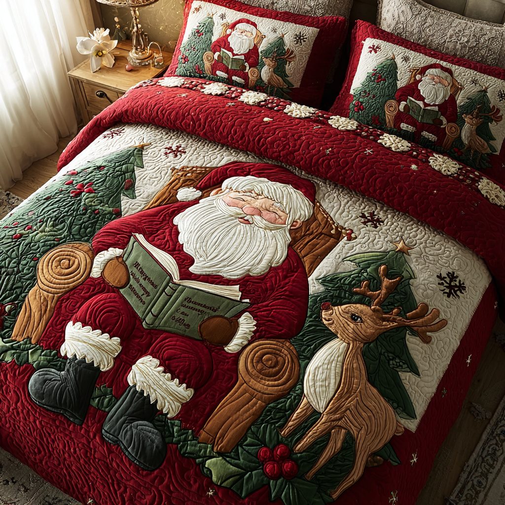 Santa Glow quilted 3-piece bedding set on a made bed in a winter-styled bedroom