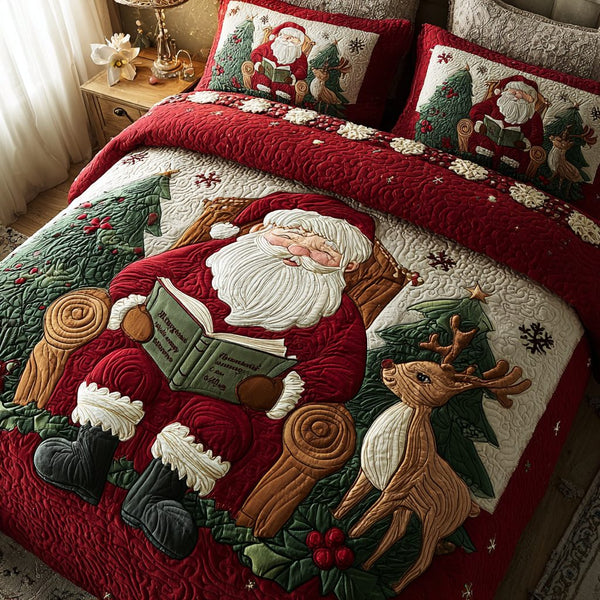 Santa Glow quilted 3-piece bedding set on a made bed in a winter-styled bedroom