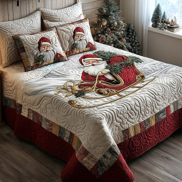 Santa Glow quilted 3-piece bedding set on a made bed in a winter-styled bedroom