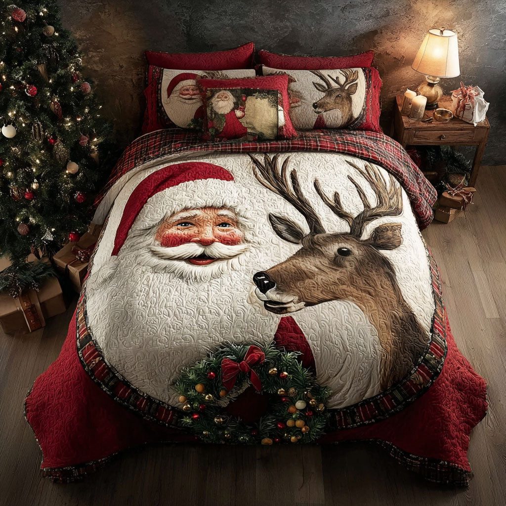 Santa Glow quilted 3-piece bedding set on a made bed in a winter-styled bedroom
