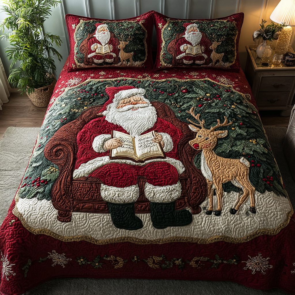 Santa Harmony quilted 3-piece bedding set on a made bed in a winter-styled bedroom