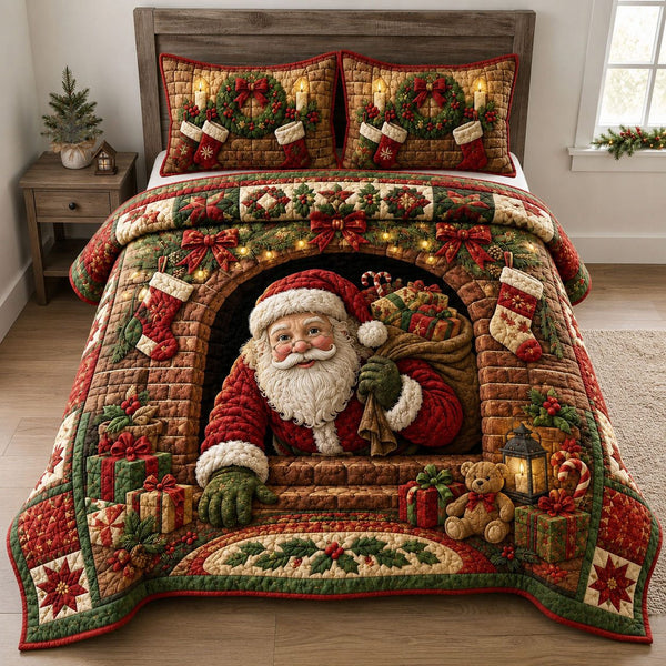 Santa Hearth Blessing quilted 3-piece bedding set on a made bed in a winter-styled bedroom