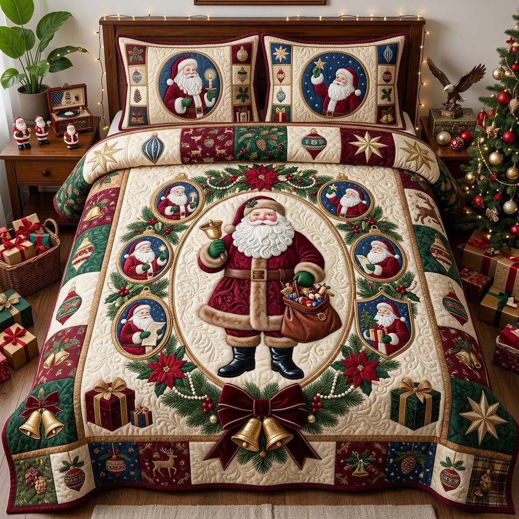 Santa Heirloom Medallion quilted 3-piece bedding set on a made bed in a winter-styled bedroom