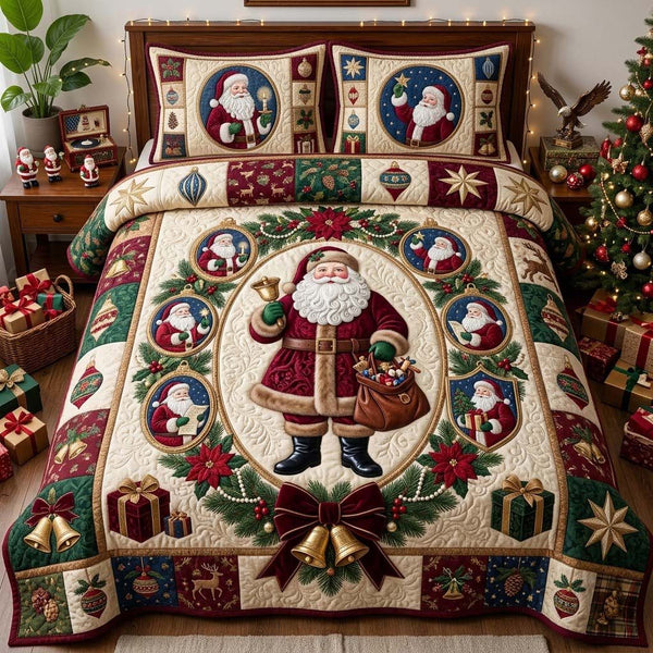 Santa Heirloom Medallion quilted 3-piece bedding set on a made bed in a winter-styled bedroom