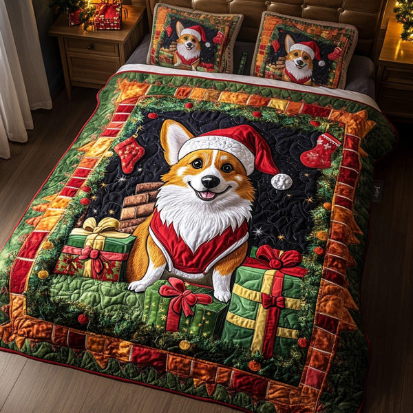 Santa Helper quilted 3-piece bedding set on a made bed in a winter-styled bedroom