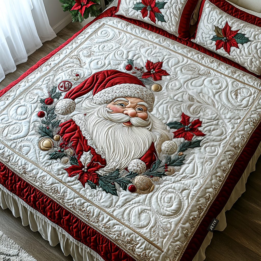 Santa Holiday Cheer quilted 3-piece bedding set on a made bed in a winter-styled bedroom