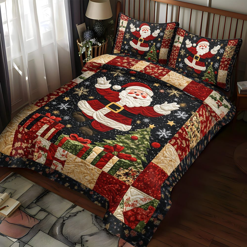 Santa Holiday Cheer quilted 3-piece bedding set on a made bed in a winter-styled bedroom