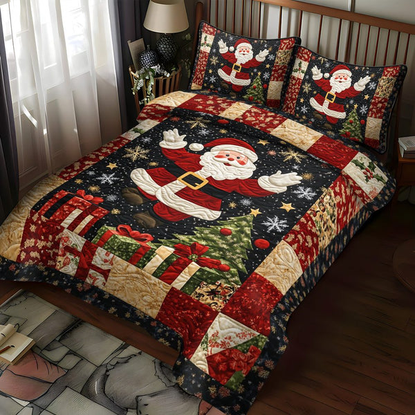 Santa Holiday Cheer quilted 3-piece bedding set on a made bed in a winter-styled bedroom