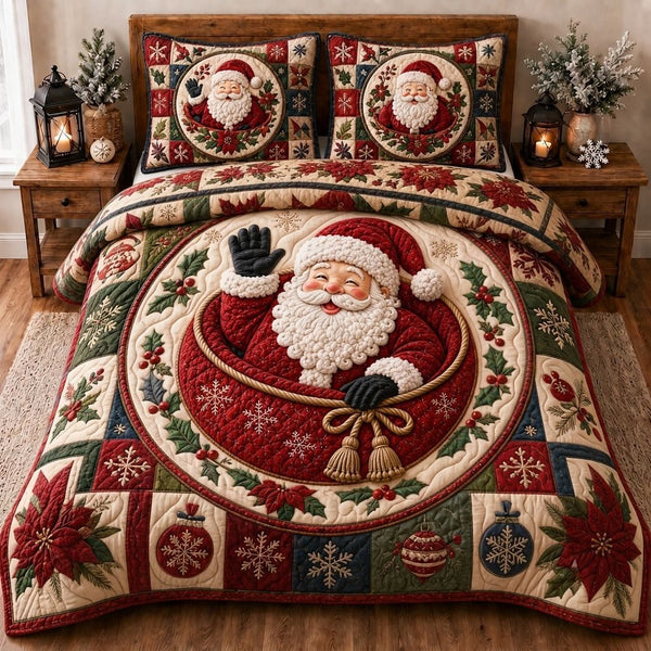 Santa Holiday Dreams quilted 3-piece bedding set on a made bed in a winter-styled bedroom