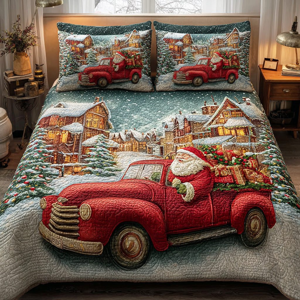Santa Holiday Glow quilted 3-piece bedding set on a made bed in a winter-styled bedroom