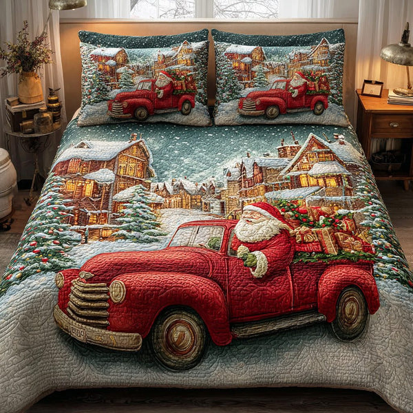 Santa Holiday Glow quilted 3-piece bedding set on a made bed in a winter-styled bedroom