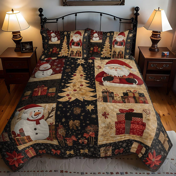 Santa Holiday Spirit quilted 3-piece bedding set on a made bed in a winter-styled bedroom